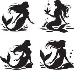 Black Mermaid Silhouettes Clipart – Swimming, Sitting & Elegant Fantasy Vector Set

