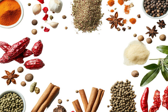 Spiced Array Aromatic arrangement of culinary herbs and vibrant spices against black canvas