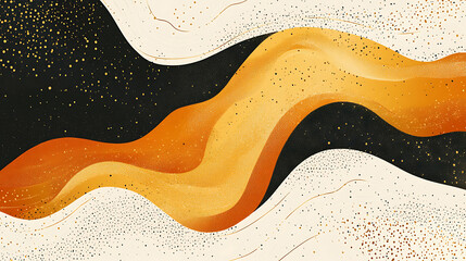 Obraz premium Abstract background with golden glitter and elegant wavy shapes in black orange and beige colors for creative designs
