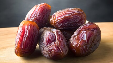 Closeup of Sweet Juicy Dates on Wooden Board
