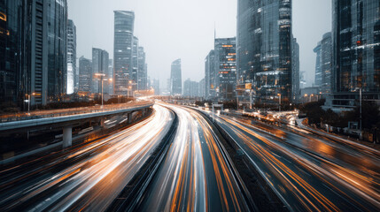 Fototapeta premium Busy city highway at night, light trails. Modern skyscrapers in the background