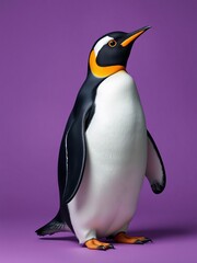 Fototapeta premium an image of a penguin standing on a purple surface, there is a penguin that is standing on a purple surface