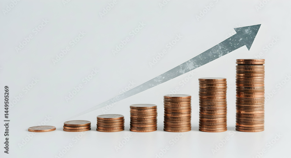 Poster coins stacked with increasing arrow representing growth and progress