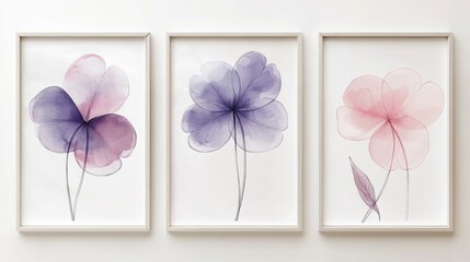 Abstract watercolor painting with three flower shapes in different colors on a white background
