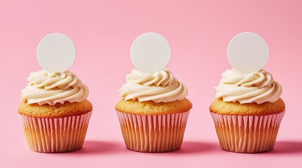 Delicious cupcakes with cream on pink background.
