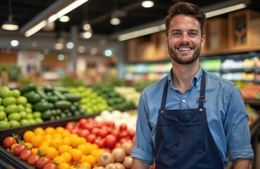 Smiling man in blue apron stands in produce section of grocery store. Fresh fruits vegetables on display. Employee provides customer service. Welcoming, happy, cheerful employee provides healthy,