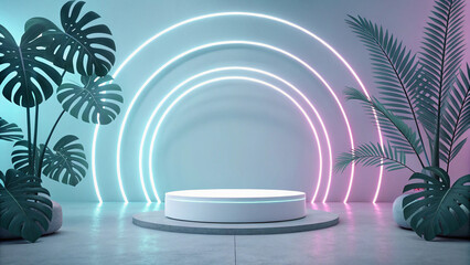 Obraz premium Neon white futuristic showcase, round product display stage with glowing background, 3d illustration.