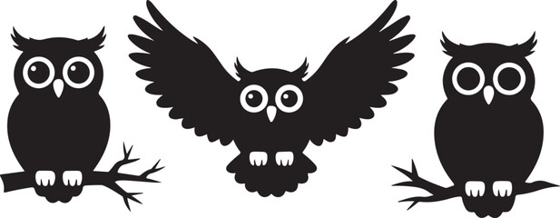 Black Owl Silhouettes Clipart – Flying, Perched & Cute Owl Vector Set

