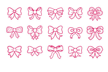 Collection of 16 hand-drawn ribbon bow illustrations in various cute and decorative styles, perfect for design, scrapbooking, invitations, and craft projects, vector illustration.