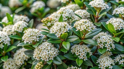 Fototapeta premium Low-growing shrub with silvery-green leaves and white flowers in clusters , silver-leaved shrub, cluster flowers