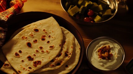 Aromatic Indian Flatbread with Yogurt Dip and Side Dish. A Culinary Delight