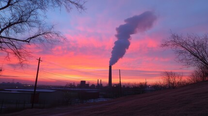 Obraz premium Colorful sunrise over industrial landscape with smoke.