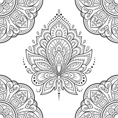 Seamless decorative ornament in ethnic oriental style. Lotus flower and mandala for Henna, Mehndi, tattoo, decoration. Doodle outline hand draw vector illustration.