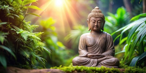 Ancient Buddhist statue in serene meditation pose surrounded by lush greenery and soft focus, temple, meditation,  temple
