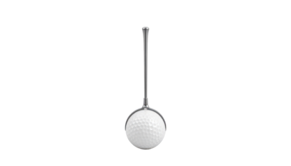 Closeup of golf ball hanging on metal hook, sports equipment and golf course essentials