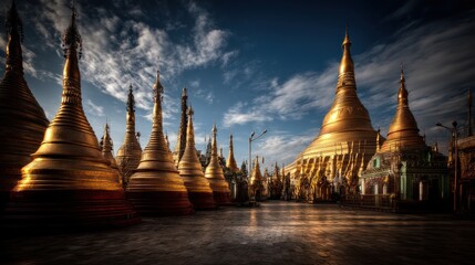 Naklejka premium Golden pagodas under a dramatic sky