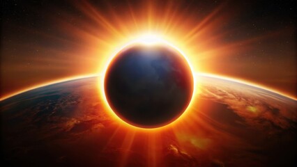 A solar eclipse with a reddish-orange color in the sky, showing the moon's shadow on the earth , nature, moon,  nature, moon