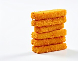 Stack of crunchy golden fish sticks on white background displaying crispy texture