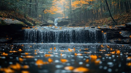 Naklejka premium Autumnal Serenity Waterfall Flowing Through Woodland Foliage Cascade