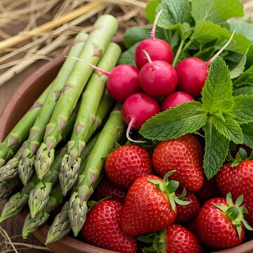 Fresh Organic Strawberries Spring Harvest Bunch.