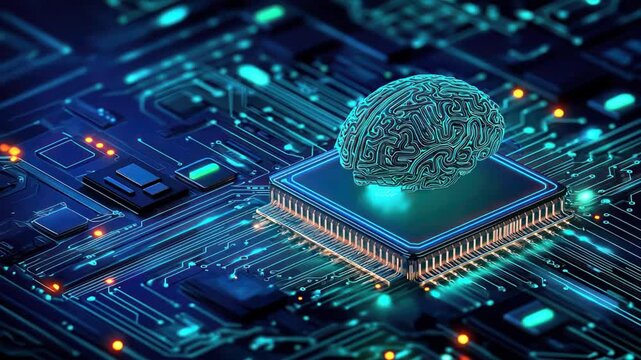 3D AI brain floats over computer chip in isometric view, showing digital brain and neuromorphic chip used in Neuromorphic Computing systems