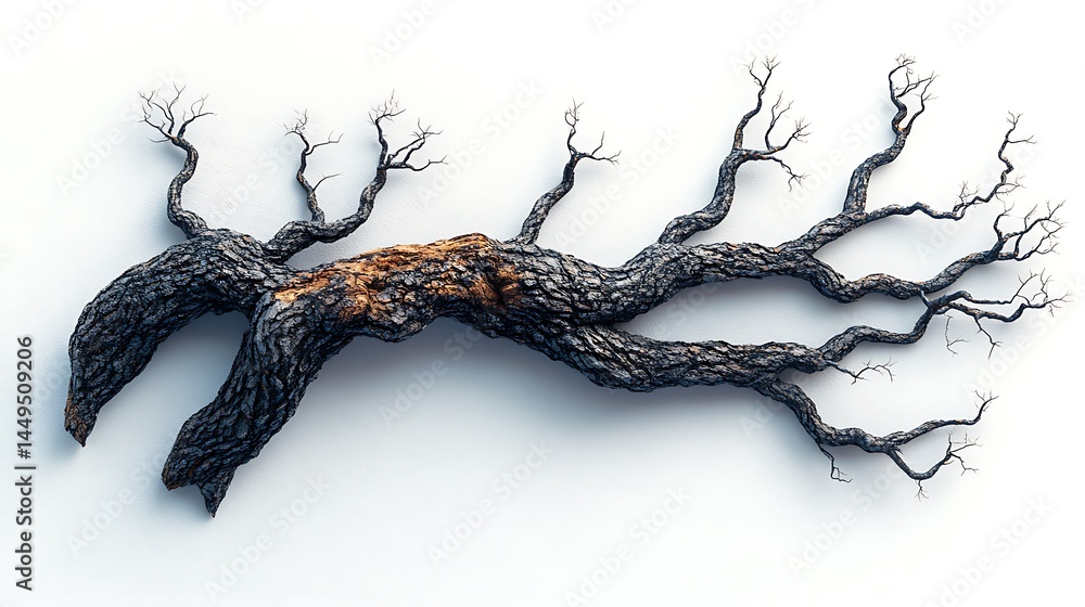 Poster abstract bare tree branch closeup on white background demonstrating natural textures and unique patt