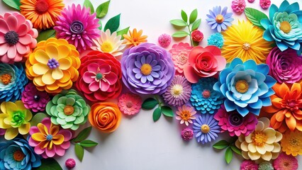 Colorful paper flowers with vibrant petals on a bright white background, creating a stunning abstract floral arrangement