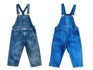 Two pairs of denim overalls isolated isolated on white background