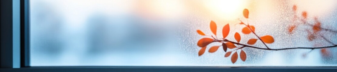 Obraz premium Autumn leaves on window, sunset view, blurred background, calm scene