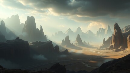 Naklejka premium Majestic Canyon Panorama: A breathtaking landscape of towering rock formations, bathed in the soft glow of sunlight filtering through dramatic clouds, creates a sense of awe.