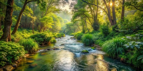 Obraz premium Stream flowing through dense foliage, landscape, water, landscape,water, peaceful, vegetation, serenity, forest