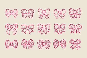 Collection of 16 hand-drawn ribbon bow illustrations in various cute and decorative styles, perfect for design, scrapbooking, invitations, and craft projects, vector illustration.