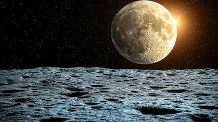 Moonscape with craters, star field, and light flare