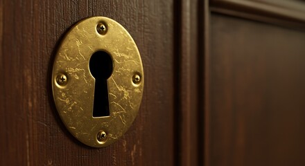 Antique Brass Keyhole in Dark Wooden Door Closeup Detail