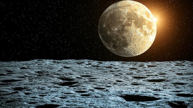 Moonscape with craters, star field, and light flare