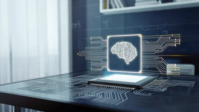 AI brain outlined inside square chip hovering above desk, showing Neuromorphic Computing with digital brain and neuromorphic chip concept