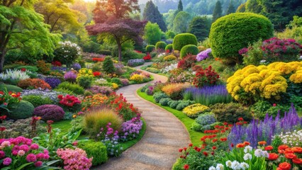 Fototapeta premium Vibrant blooming garden with a variety of colorful flowers, lush greenery and winding pathways leading to a serene atmosphere , gardens, gardens at night