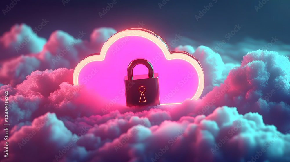 Poster abstract illustration of cloud security services, stylized cloud icon integrated with a secure padlo