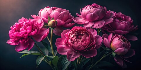 Deeply textured peonies in vibrant pink hues against a dramatic dark background with subtle hints of shadow and dimensionality , photography, dark background