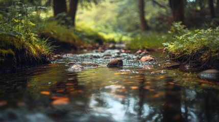 Fototapeta premium Close up of a stream flowing through a lush forest