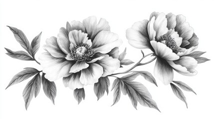 Fototapeta premium Black and white drawing of a peony, ink on paper