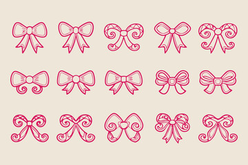 Set of 16 cute pink hand-drawn bow illustrations in various ribbon styles, perfect for decorations, invitations, scrapbooking, packaging, cards, and graphic design