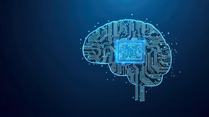 AI brain filled with circuit lines glows on blue backdrop, showing Neuromorphic Computing using digital brain and neuromorphic chip layout - Powered by Adobe