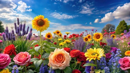 Fototapeta premium A serene garden filled with vibrant blooms of various flower species such as roses, lavender and sunflowers against a soft blue sky backdrop , garden, floral arrangement