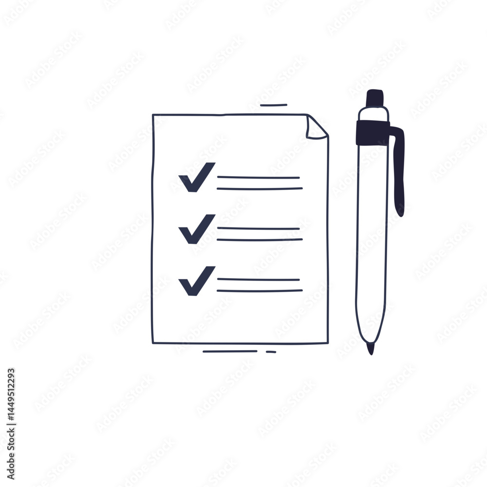 Poster illustration of a checklist with checkmarks and a pen, symbolizing task completion.