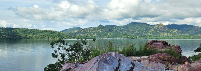 Unique stone texture of the pink rock mountain on the island of the Komodo national park, Indonesia