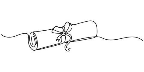 Obraz premium Continuous single line drawn, certificate or diploma with award badge . Single line drawn badge academic scroll paper,. Vector illustration. diploma scroll graduation continuous one line drawing. 