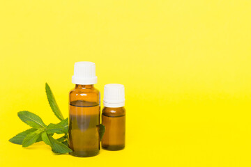 Natural Mint Essential Oil in a Glass Bottle. organic cosmetics with herbal extracts of mint on...