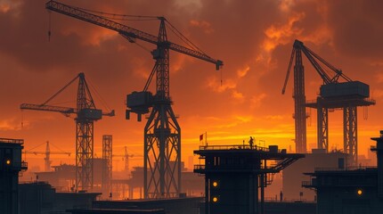 Construction at Sunset: A mesmerizing view of construction cranes silhouetted against a vivid, fiery sunset, evoking a sense of industry, progress, and the end of a productive day.