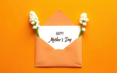 A happy mother's day card in an orange envelope with white flowers on an orange background top view